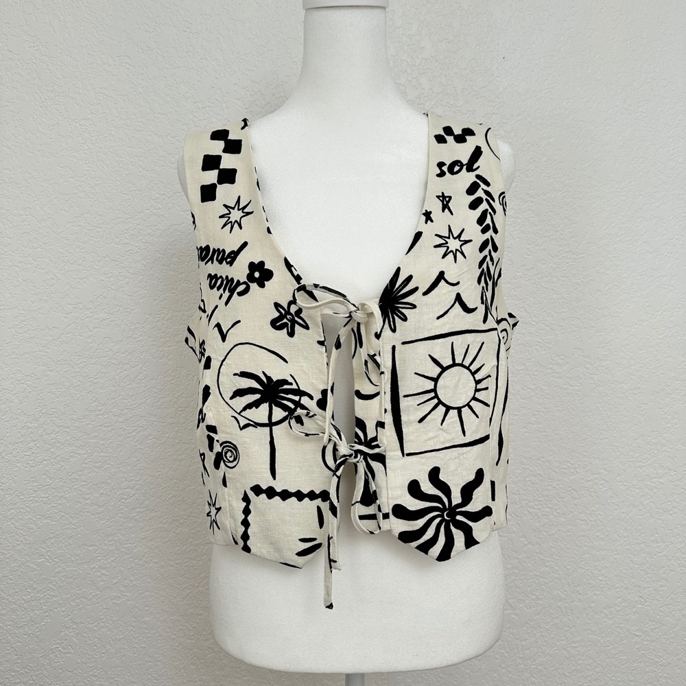 Rachel Zoe Artsy Vest M Boho White Black Doodle Print Linen Blend Tie Front Crop